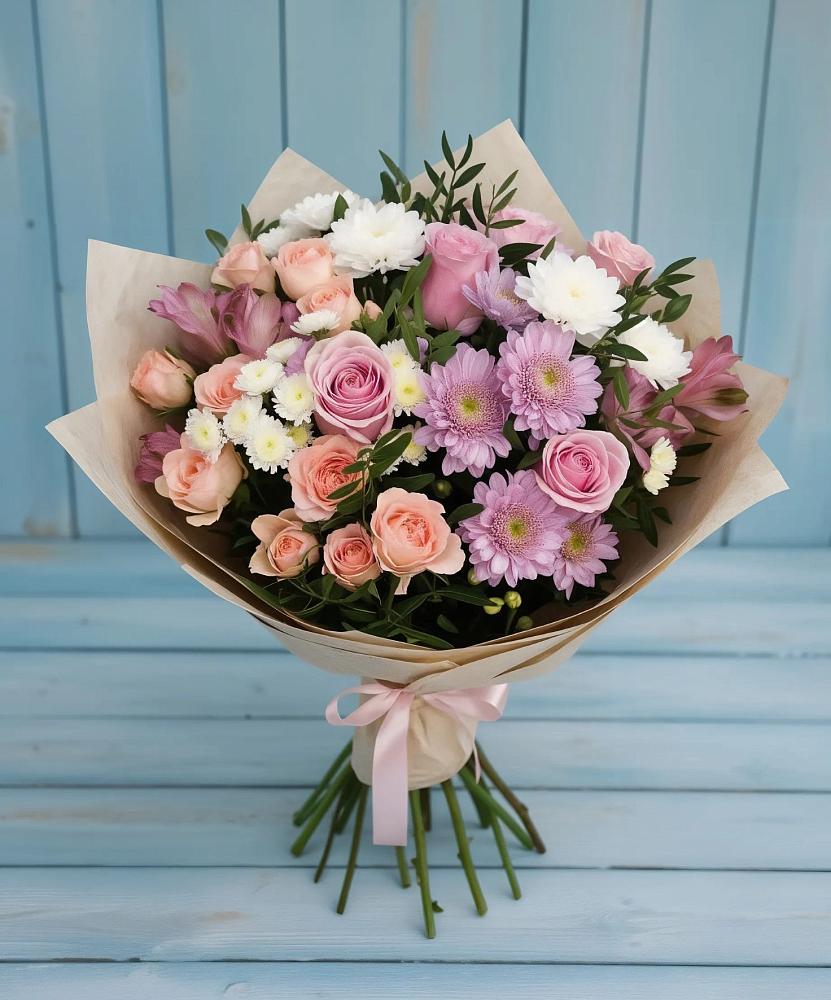 Букет цветов из: Хризантемы, Розы и Альстромерии в Гизель