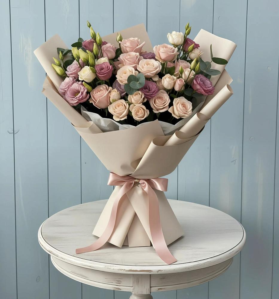 Букет цветов из: Розы и Лизиантусы в Гизель