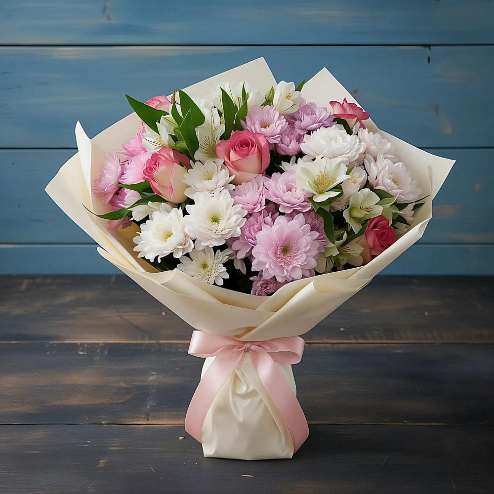 Букет цветов из: Хризантемы, Альстромерии и Розы в Гизель